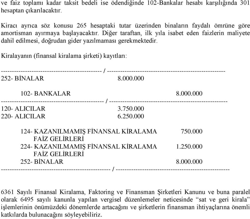 Diğer taraftan, ilk yıla isabet eden faizlerin maliyete dahil edilmesi, doğrudan gider yazılmaması gerekmektedir.