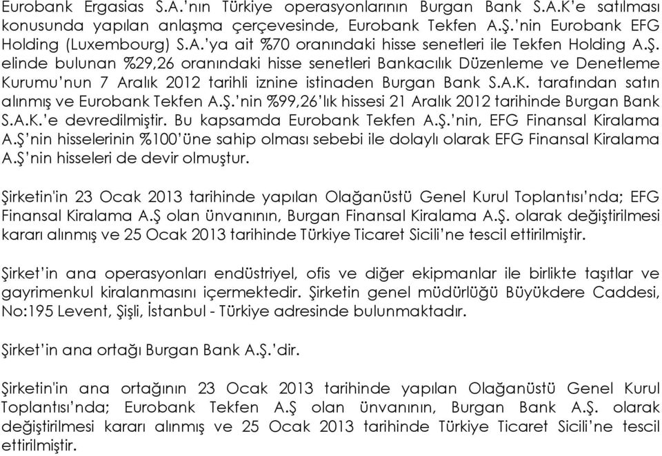 Ş. nin %99,26 lık hissesi 21 Aralık 2012 tarihinde Burgan Bank S.A.K. e devredilmiştir. Bu kapsamda Eurobank Tekfen A.Ş. nin, EFG Finansal Kiralama A.