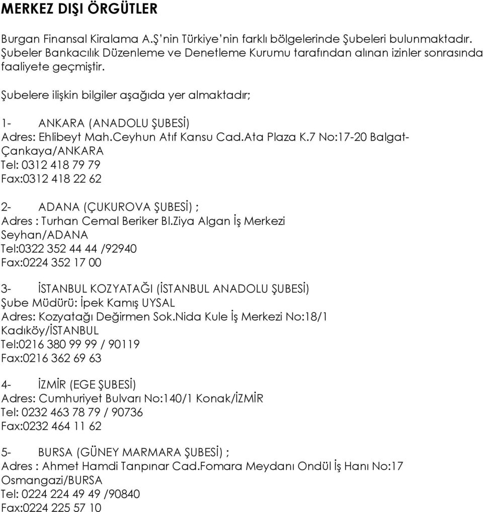 Şubelere ilişkin bilgiler aşağıda yer almaktadır; 1- ANKARA (ANADOLU ŞUBESİ) Adres: Ehlibeyt Mah.Ceyhun Atıf Kansu Cad.Ata Plaza K.