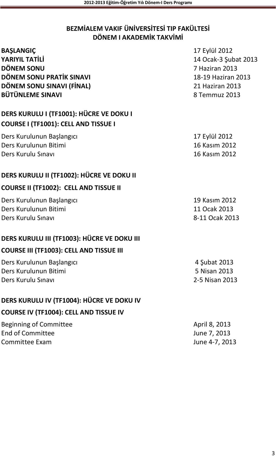 Kurulunun Bitimi 16 Kasım 2012 Ders Kurulu Sınavı 16 Kasım 2012 DERS KURULU II (TF1002): HÜCRE VE DOKU II COURSE II (TF1002): CELL AND TISSUE II Ders Kurulunun Başlangıcı 19 Kasım 2012 Ders Kurulunun