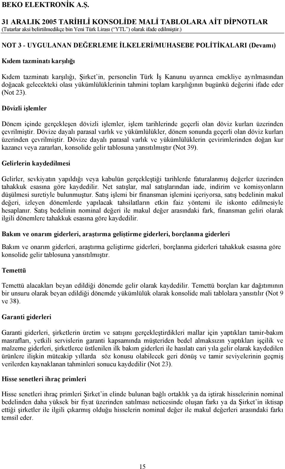 Dövizli işlemler Dönem içinde gerçekleşen dövizli işlemler, işlem tarihlerinde geçerli olan döviz kurları üzerinden çevrilmiştir.