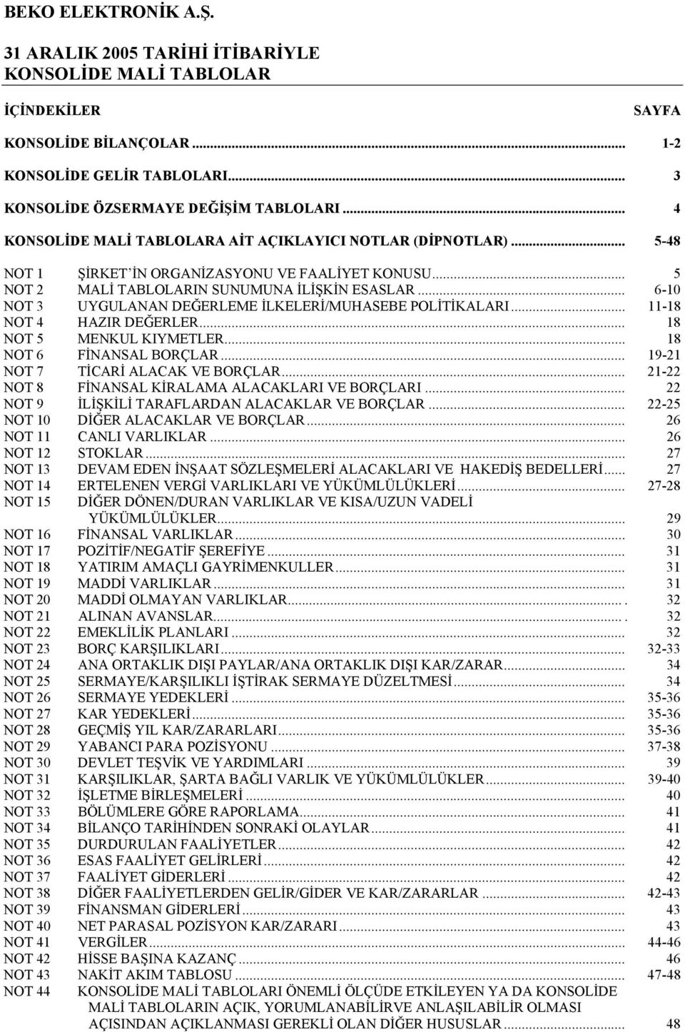 .. 6-10 NOT 3 UYGULANAN DEĞERLEME İLKELERİ/MUHASEBE POLİTİKALARI... 11-18 NOT 4 HAZIR DEĞERLER... 18 NOT 5 MENKUL KIYMETLER... 18 NOT 6 FİNANSAL BORÇLAR... 19-21 NOT 7 TİCARİ ALACAK VE BORÇLAR.