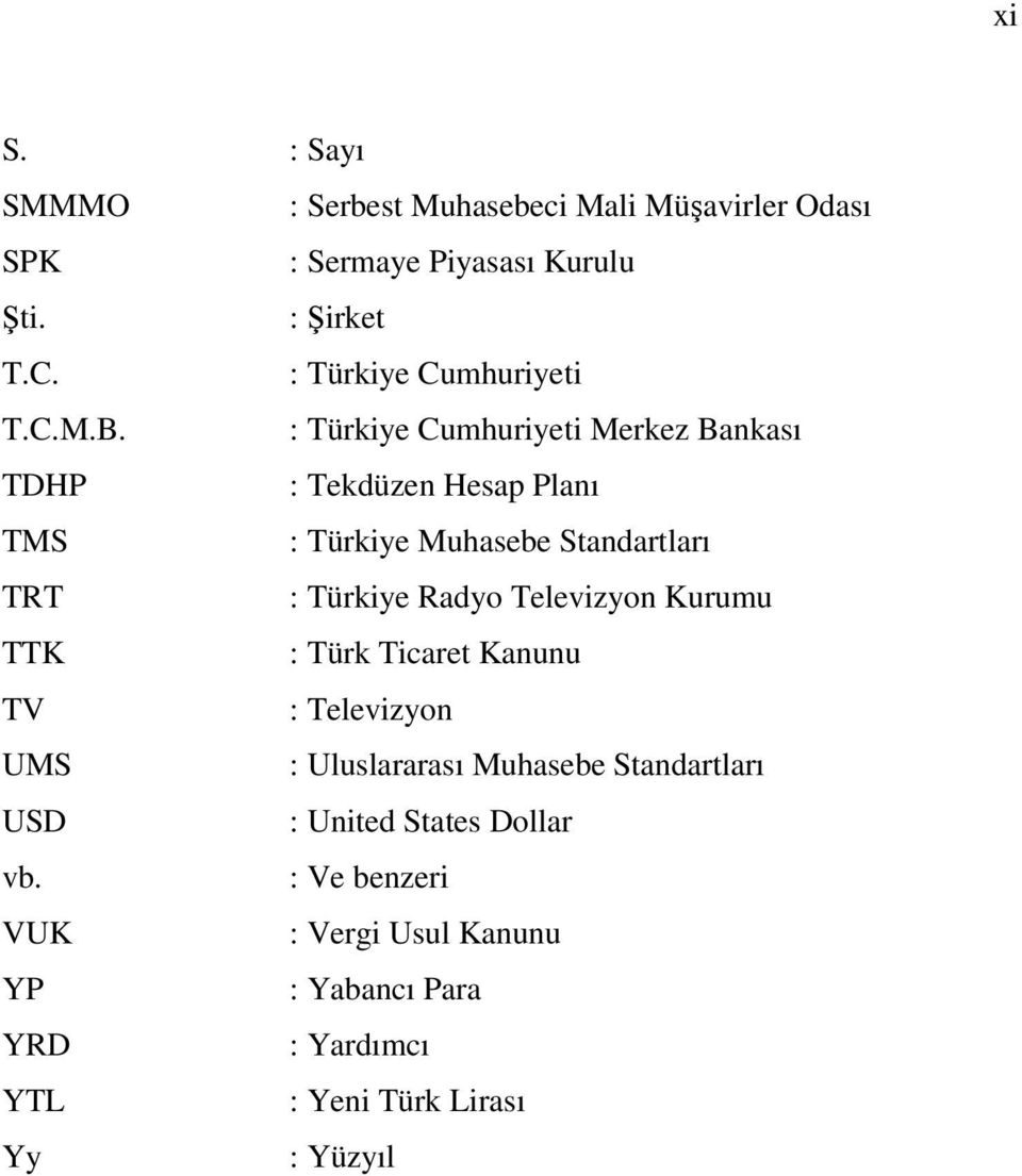 : Türkiye Cumhuriyeti Merkez Bankası TDHP : Tekdüzen Hesap Planı TMS : Türkiye Muhasebe Standartları TRT : Türkiye Radyo