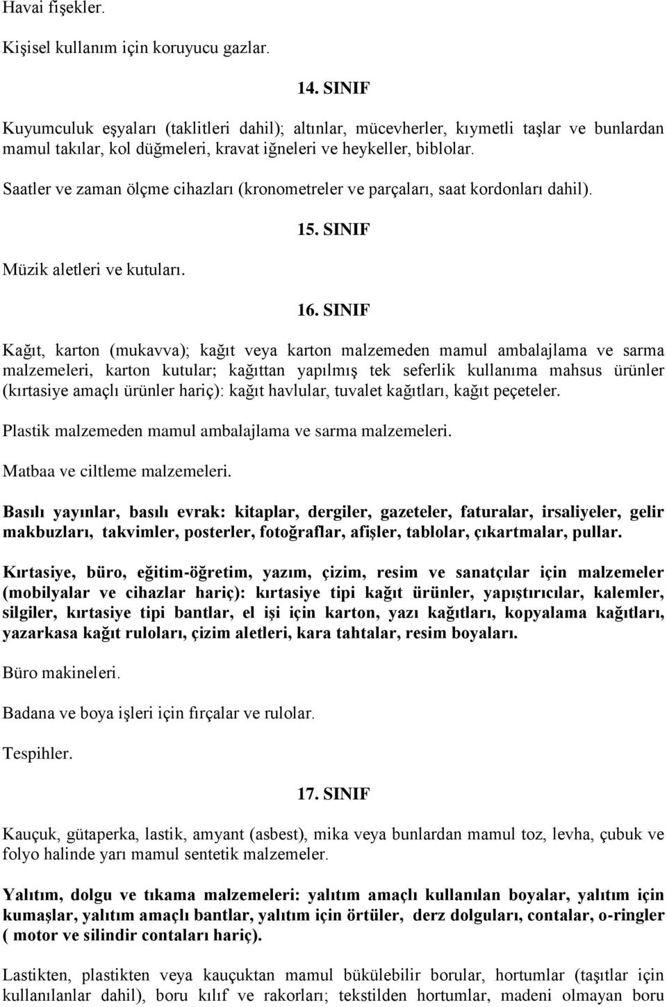 Saatler ve zaman ölçme cihazları (kronometreler ve parçaları, saat kordonları dahil). Müzik aletleri ve kutuları. 15. SINIF 16.