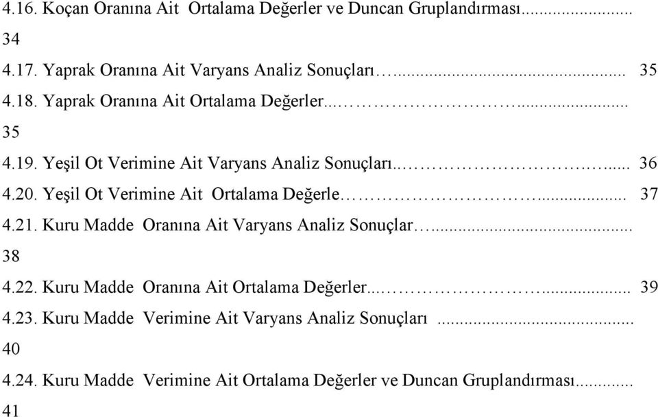 Yeşil Ot Verimine Ait Ortalama Değerle... 37 4.21. Kuru Madde Oranına Ait Varyans Analiz Sonuçlar... 38 4.22.