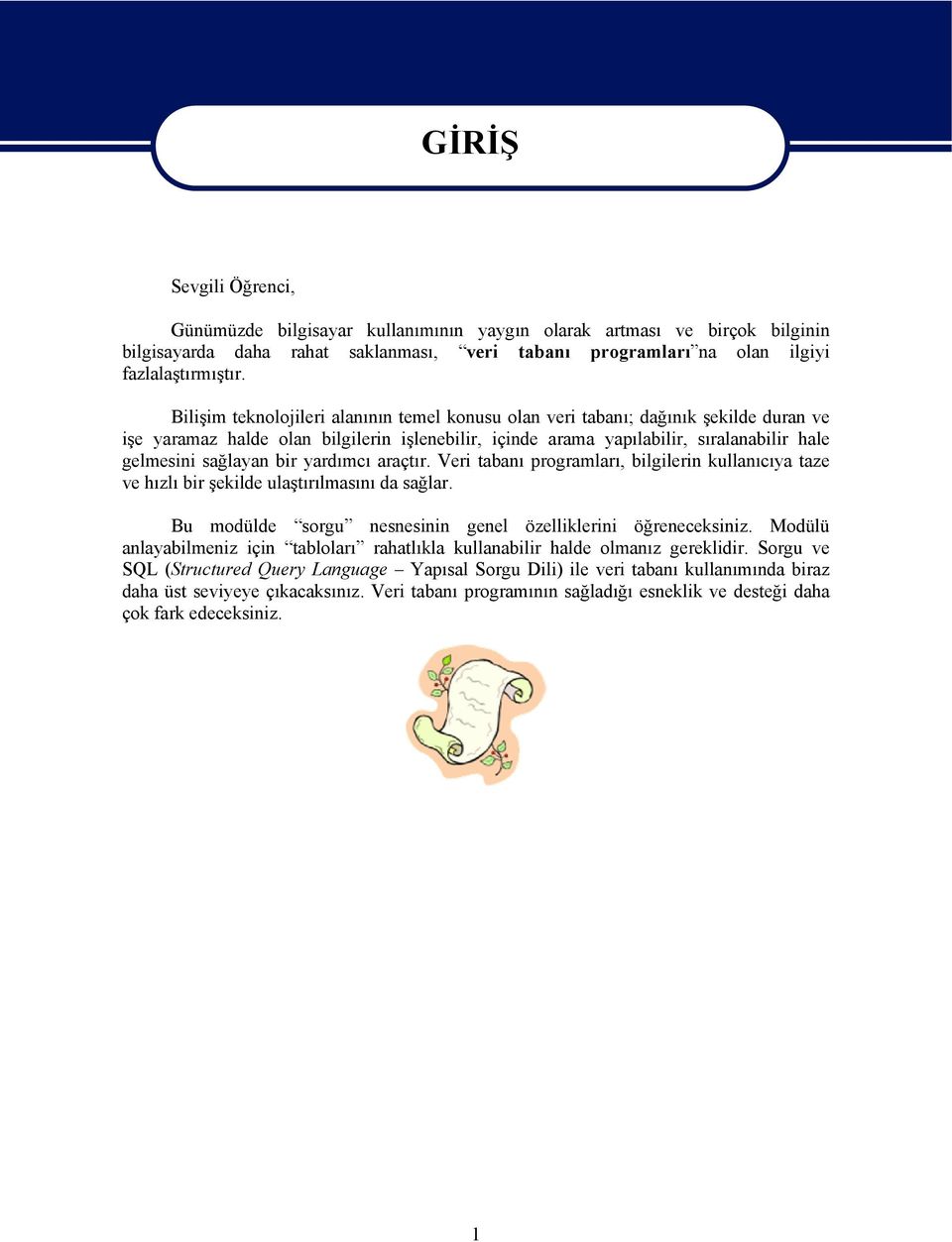 bir yardımcı araçtır. Veri tabanı programları, bilgilerin kullanıcıya taze ve hızlı bir şekilde ulaştırılmasını da sağlar. Bu modülde sorgu nesnesinin genel özelliklerini öğreneceksiniz.