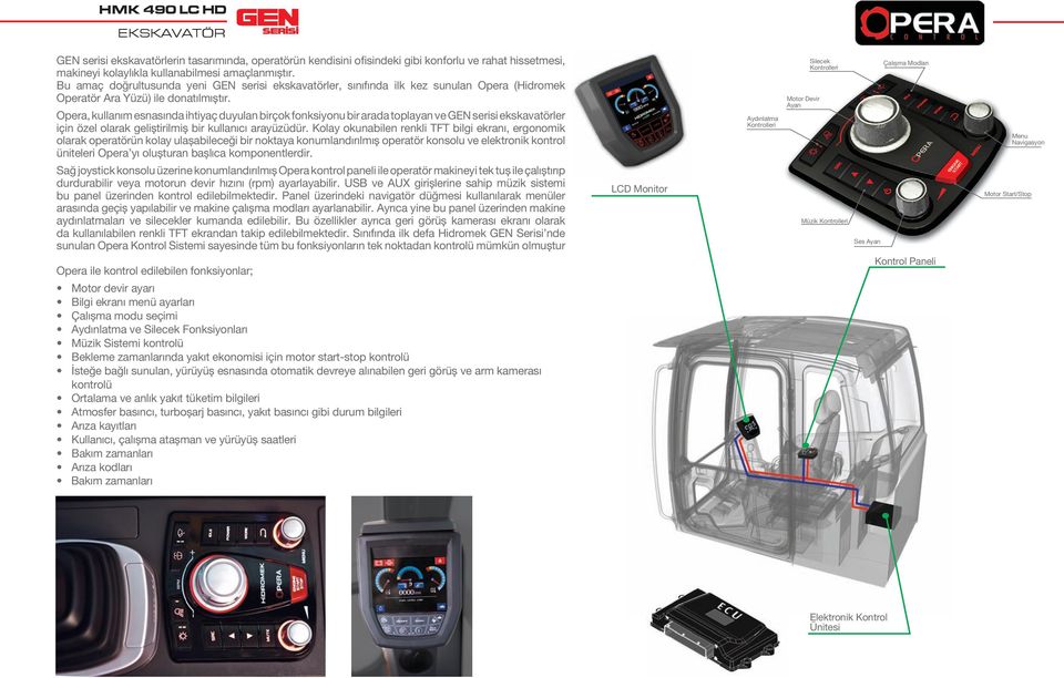 Opera, kullanım esnasında ihtiyaç duyulan birçok fonksiyonu bir arada toplayan ve GEN serisi ekskavatörler için özel olarak geliștirilmiș bir kullanıcı arayüzüdür.