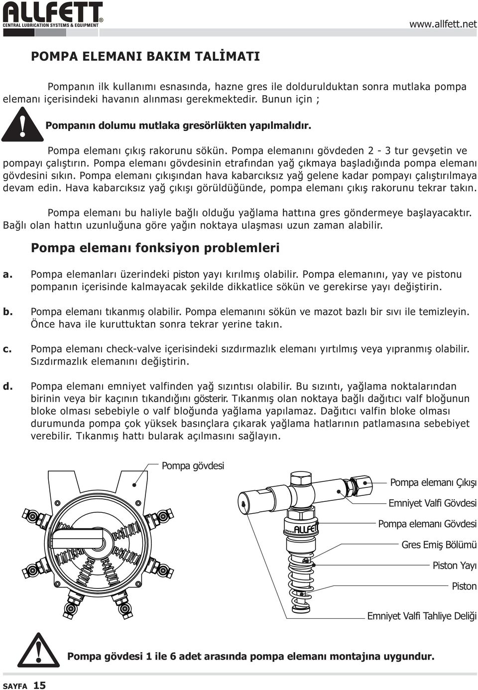 Pompa elemaný gövdesinin etrafýndan yað çýkmaya baþladýðýnda pompa elemaný gövdesini sýkýn. Pompa elemaný çýkýþýndan hava kabarcýksýz yað gelene kadar pompayý çalýþtýrýlmaya devam edin.