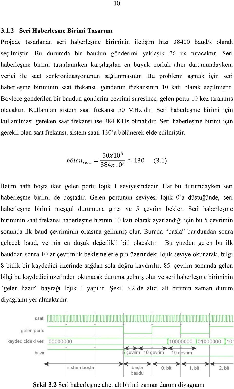 Bu problemi aşmak için seri haberleşme biriminin saat frekansı, gönderim frekansının 10 katı olarak seçilmiştir.