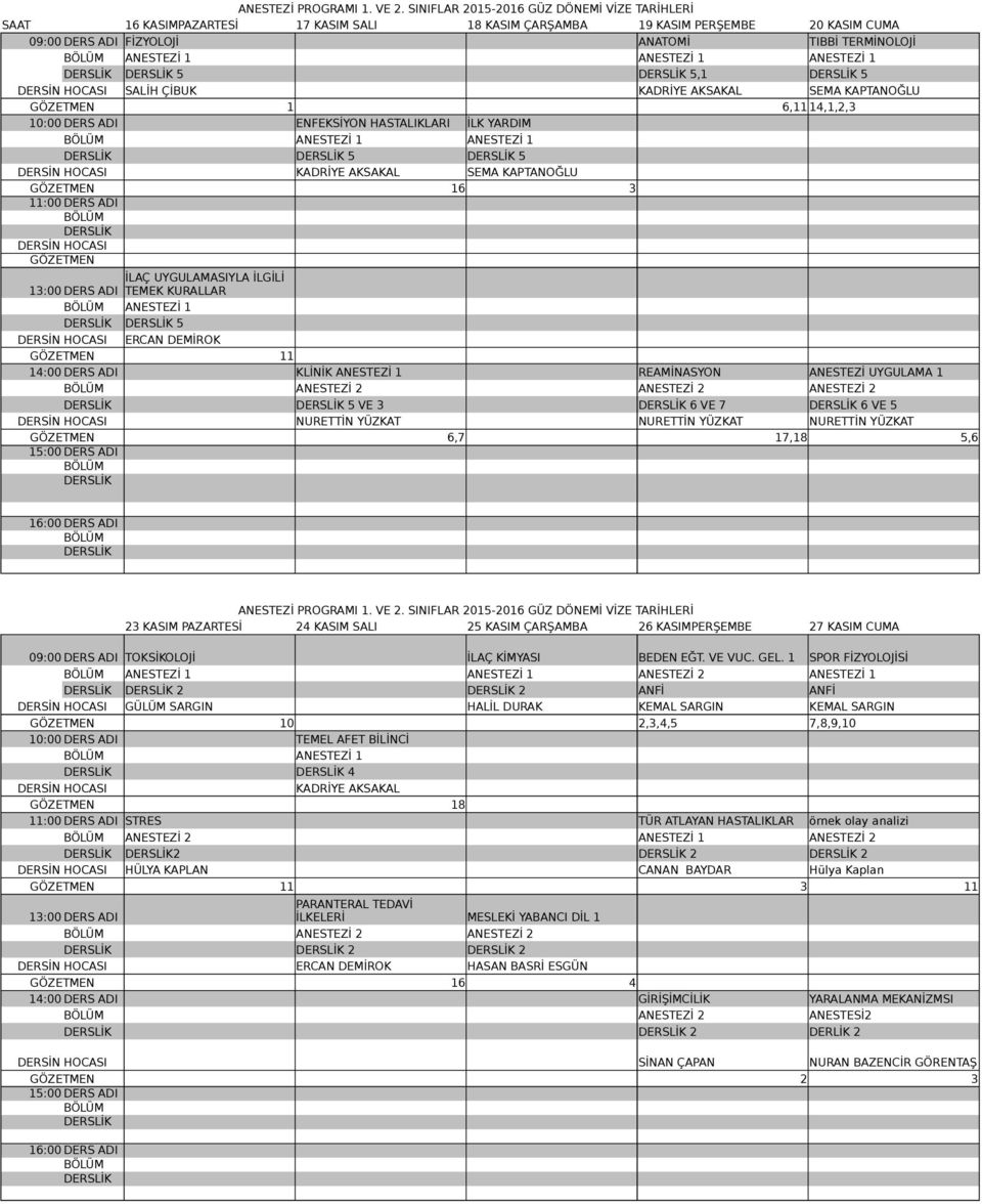 ANESTEZİ 1 ANESTEZİ 1 5 5,1 5 SALİH ÇİBUK KADRİYE AKSAKAL SEMA KAPTANOĞLU 1 6,11 14,1,2,3 10:00 DERS ADI ENFEKSİYON HASTALIKLARI İLK YARDIM ANESTEZİ 1 ANESTEZİ 1 5 5 KADRİYE AKSAKAL SEMA KAPTANOĞLU