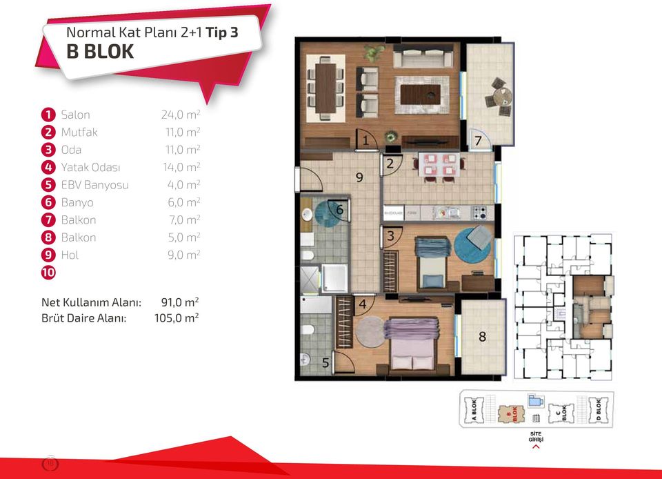 4,0 m 2 Banyo 6,0 m 2 Balkon 7,0 m 2 Balkon 5,0 m 2 Hol 9,0 m 2