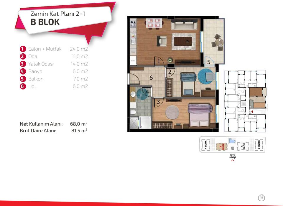 11,0 m2 14,0 m2 6,0 m2 7,0 m2 6,0 m2 Net Kullanım