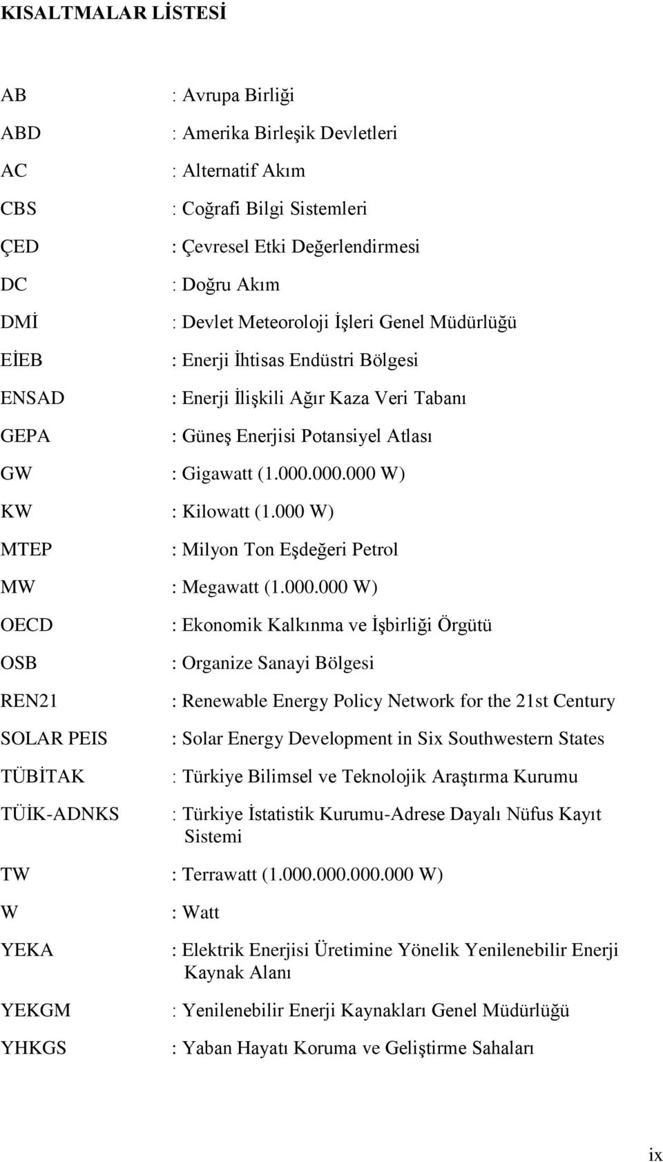 000 W) MTEP : Milyon Ton Eşdeğeri Petrol MW : Megawatt (1.000.000 W) OECD OSB REN21 SOLAR PEIS TÜBİTAK TÜİK-ADNKS : Ekonomik Kalkınma ve İşbirliği Örgütü : Organize Sanayi Bölgesi : Renewable Energy