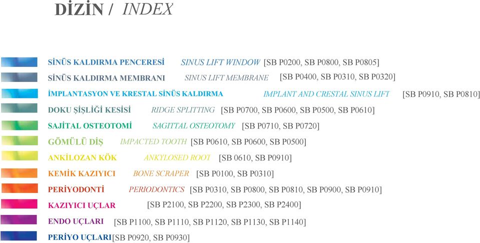 P0720] GÖMÜLÜ DİŞ IMPACTED TOOTH [SB P0610, SB P0600, SB P0500] ANKİLOZAN KÖK ANKYLOSED ROOT [SB 0610, SB P0910] KEMİK KAZIYICI BONE SCRAPER [SB P0100, SB P0310] PERİYODONTİ PERIODONTICS [SB