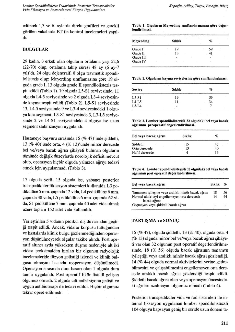 24 olgu dejeneraif, 8 olgu travmatik spondilolistezis olup; Meyerding s ın ıflamas ına göre 19 olguda grade I, 13 olguda grade II spondilolistezis tespit edildi (Tablo 1).