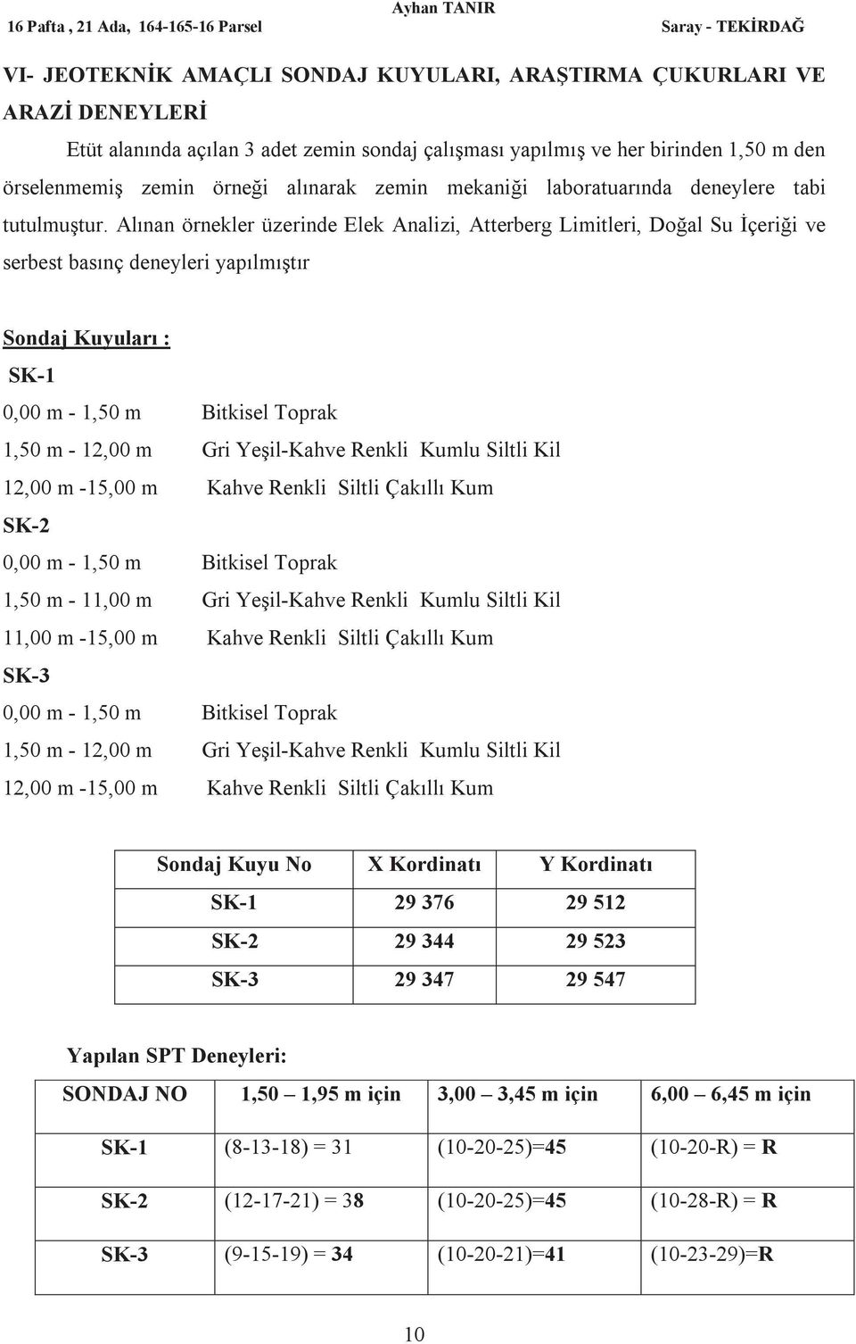 Alınan örnekler üzerinde Elek Analizi, Atterberg Limitleri, Doğal Su İçeriği ve serbest basınç deneyleri yapılmıştır Sondaj Kuyuları : SK-1 0,00 m - 1,50 m Bitkisel Toprak 1,50 m - 12,00 m Gri