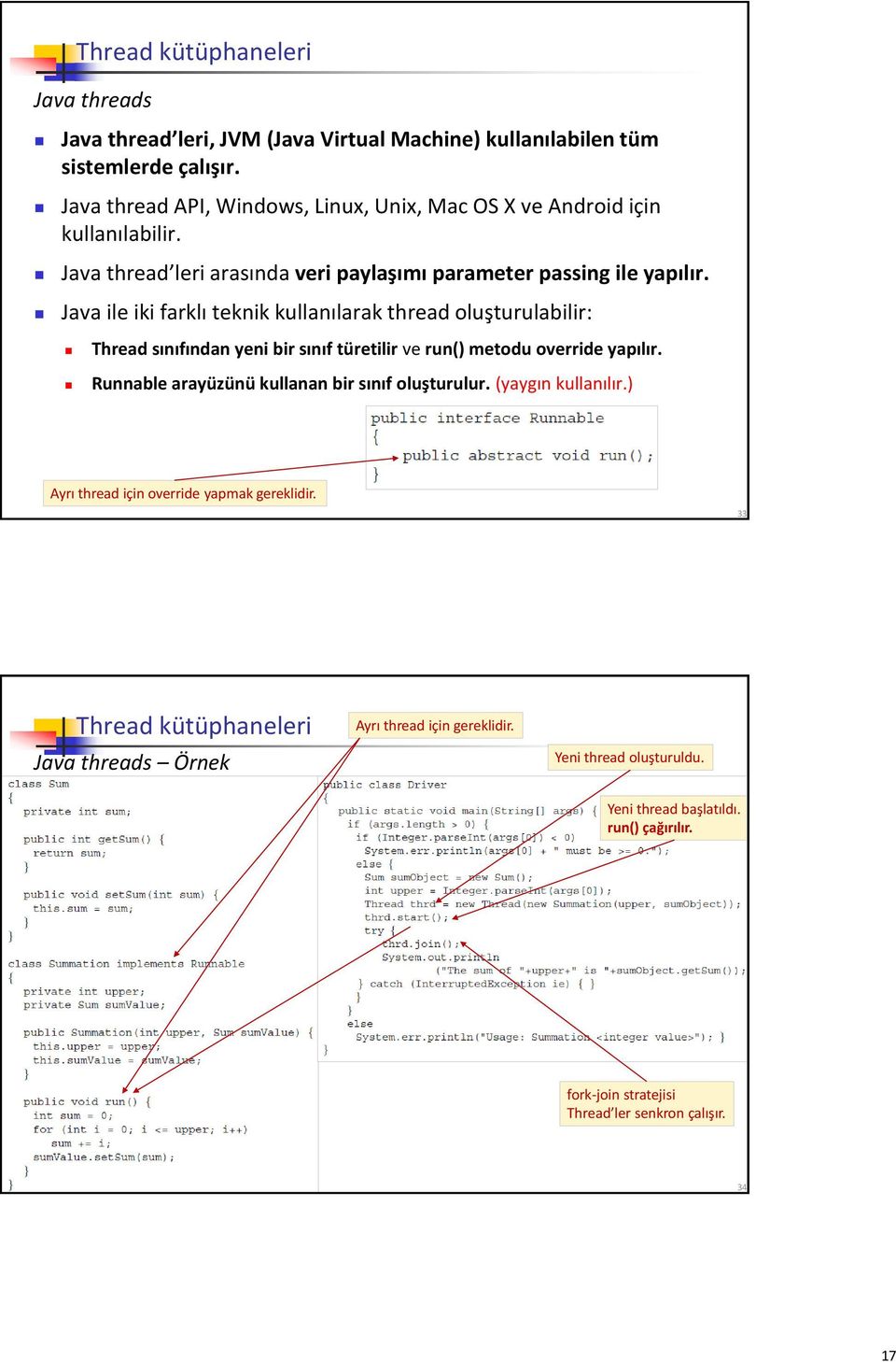 Java ile iki farklı teknik kullanılarak thread oluşturulabilir: Thread sınıfından yeni bir sınıf türetilir ve run() metodu override yapılır.