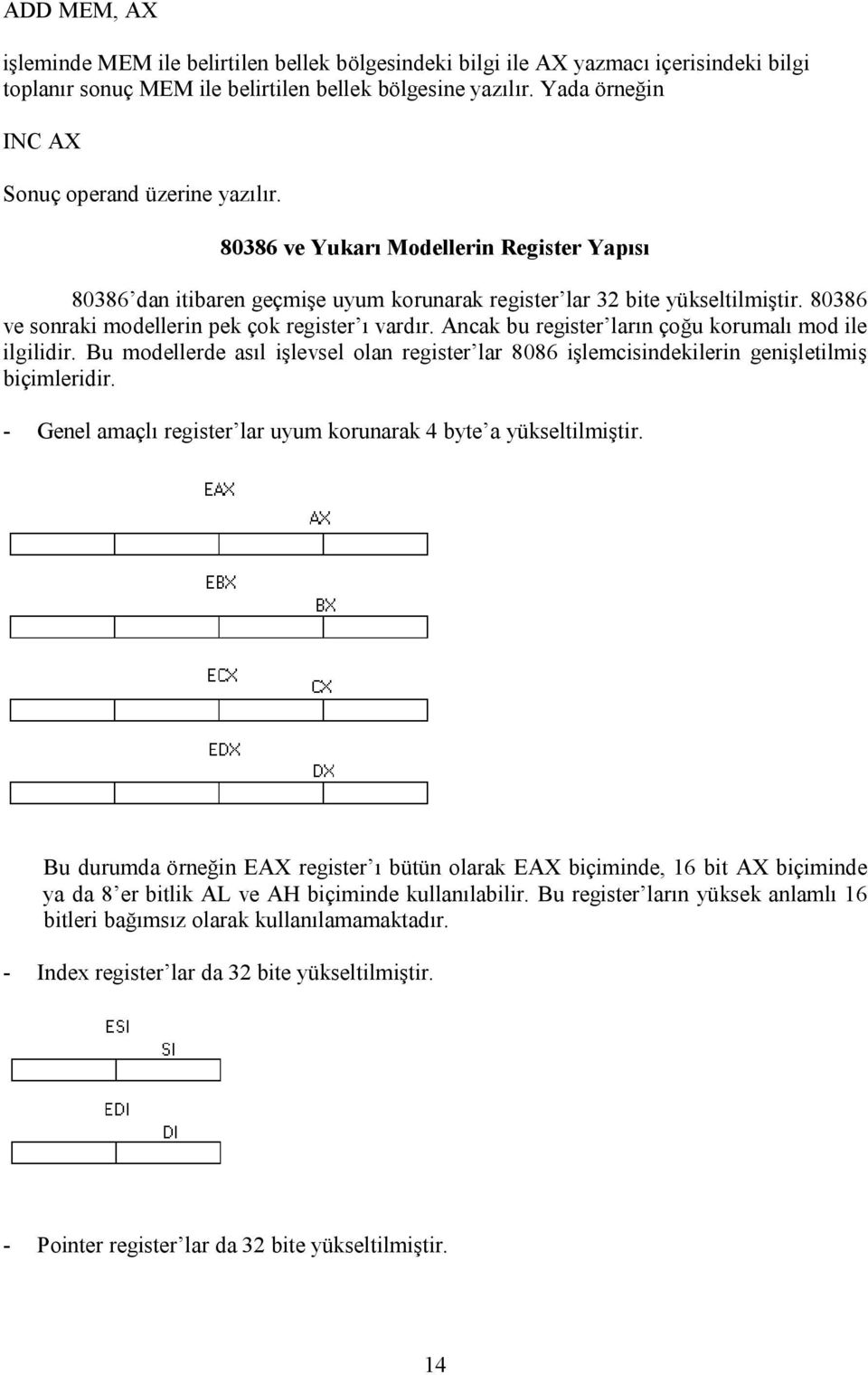 80386 ve sonraki modellerin pek çok register ı vardır. Ancak bu register ların çoğu korumalı mod ile ilgilidir.