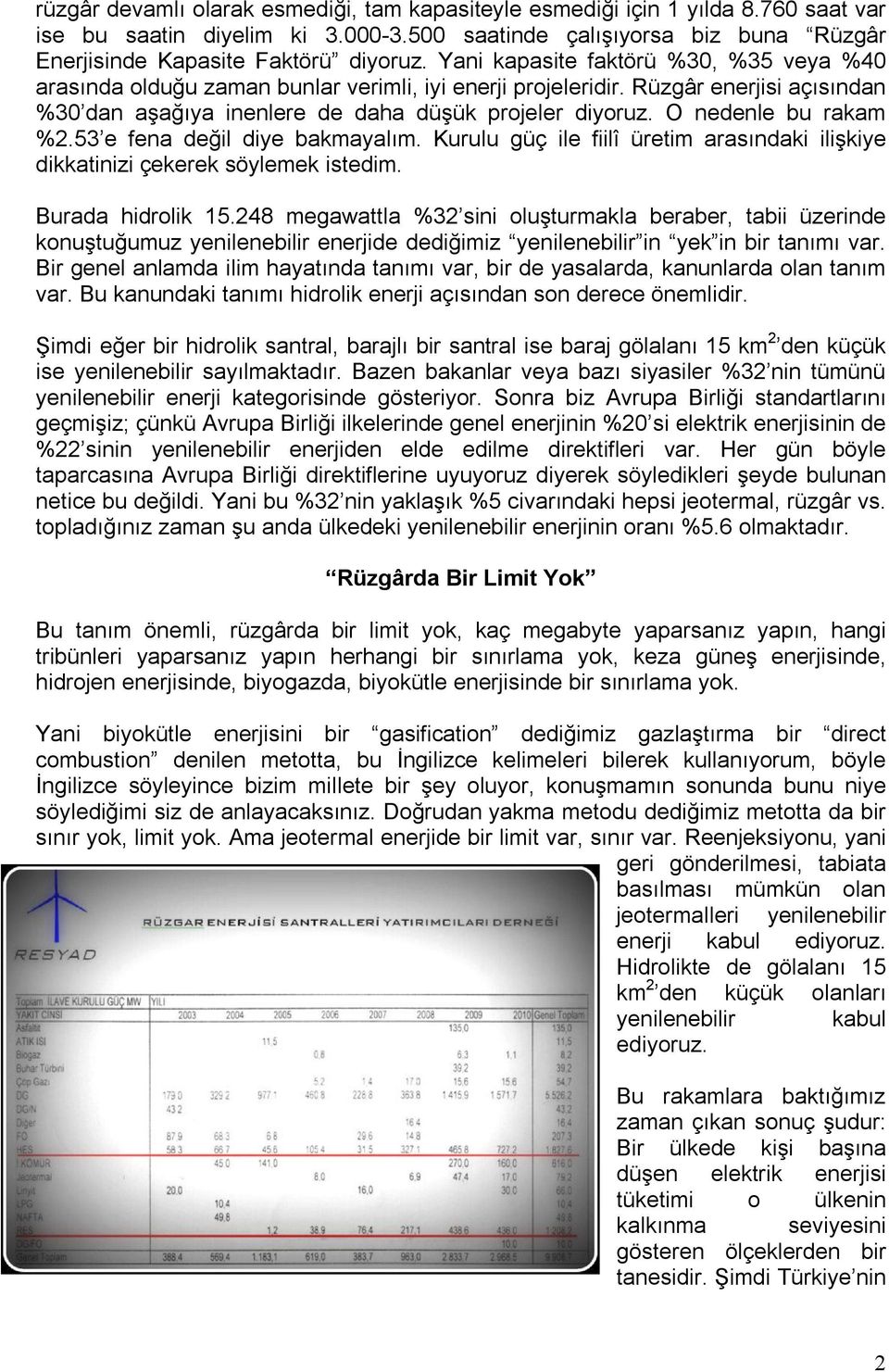 O nedenle bu rakam %2.53 e fena değil diye bakmayalım. Kurulu güç ile fiilî üretim arasındaki ilişkiye dikkatinizi çekerek söylemek istedim. Burada hidrolik 15.