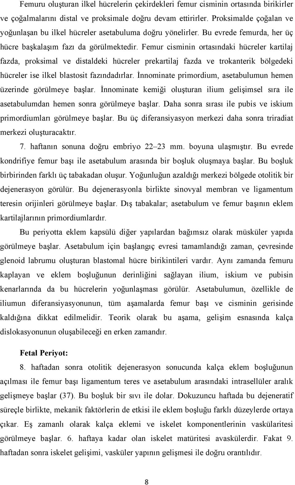 Femur cisminin ortasındaki hücreler kartilaj fazda, proksimal ve distaldeki hücreler prekartilaj fazda ve trokanterik bölgedeki hücreler ise ilkel blastosit fazındadırlar.