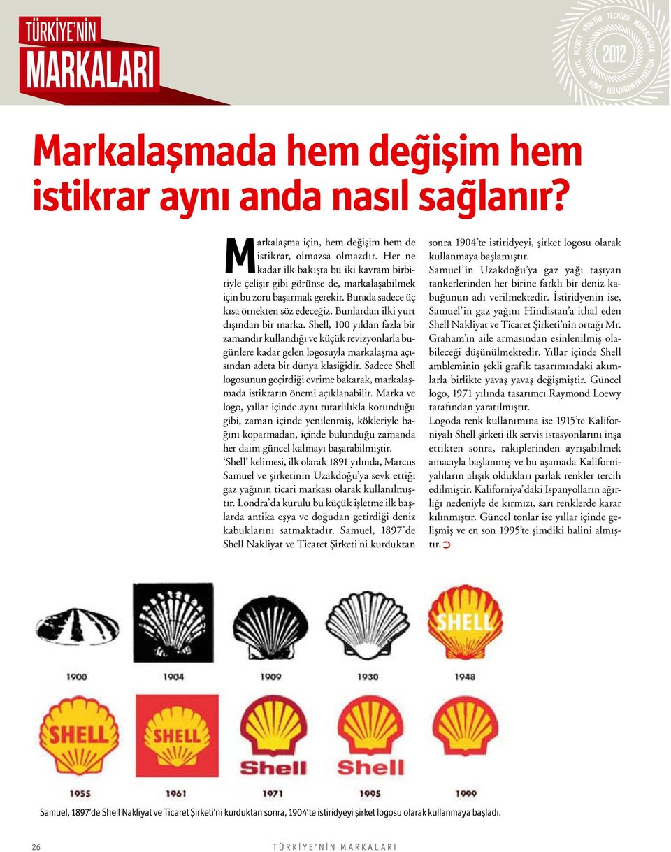 Bunlardan ilki yurt dışından bir marka. Shell, 100 yıldan fazla bir zamandır kullandığı ve küçük revizyonlarla bugünlere kadar gelen logosuyla markalaşma açısından adeta bir dünya klasiğidir.