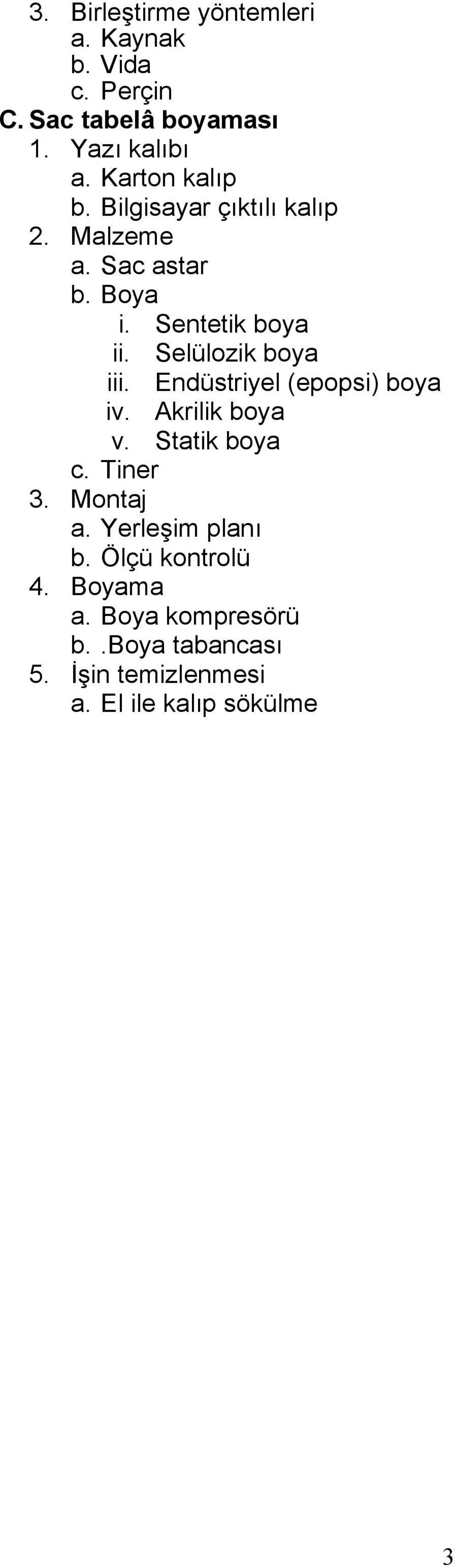 Selülozik boya iii. Endüstriyel (epopsi) boya iv. Akrilik boya v. Statik boya c. Tiner 3. Montaj a.