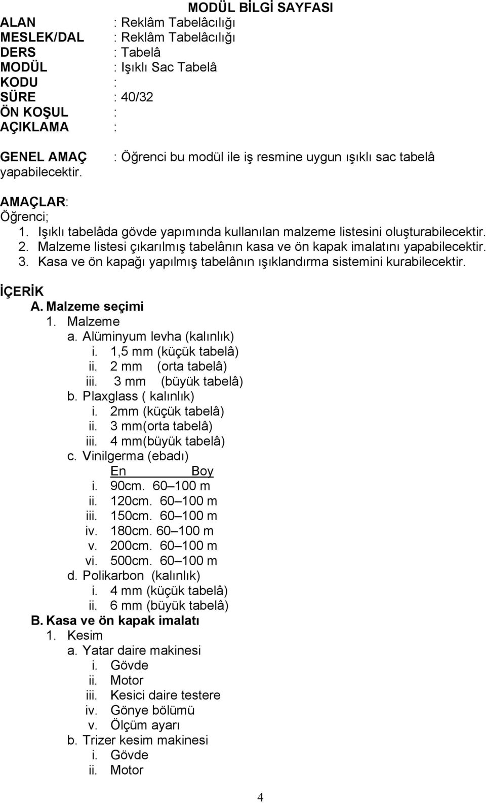 Malzeme listesi çıkarılmış tabelânın kasa ve ön kapak imalatını yapabilecektir. 3. Kasa ve ön kapağı yapılmış tabelânın ışıklandırma sistemini kurabilecektir. İÇERİK A. Malzeme seçimi 1. Malzeme a.