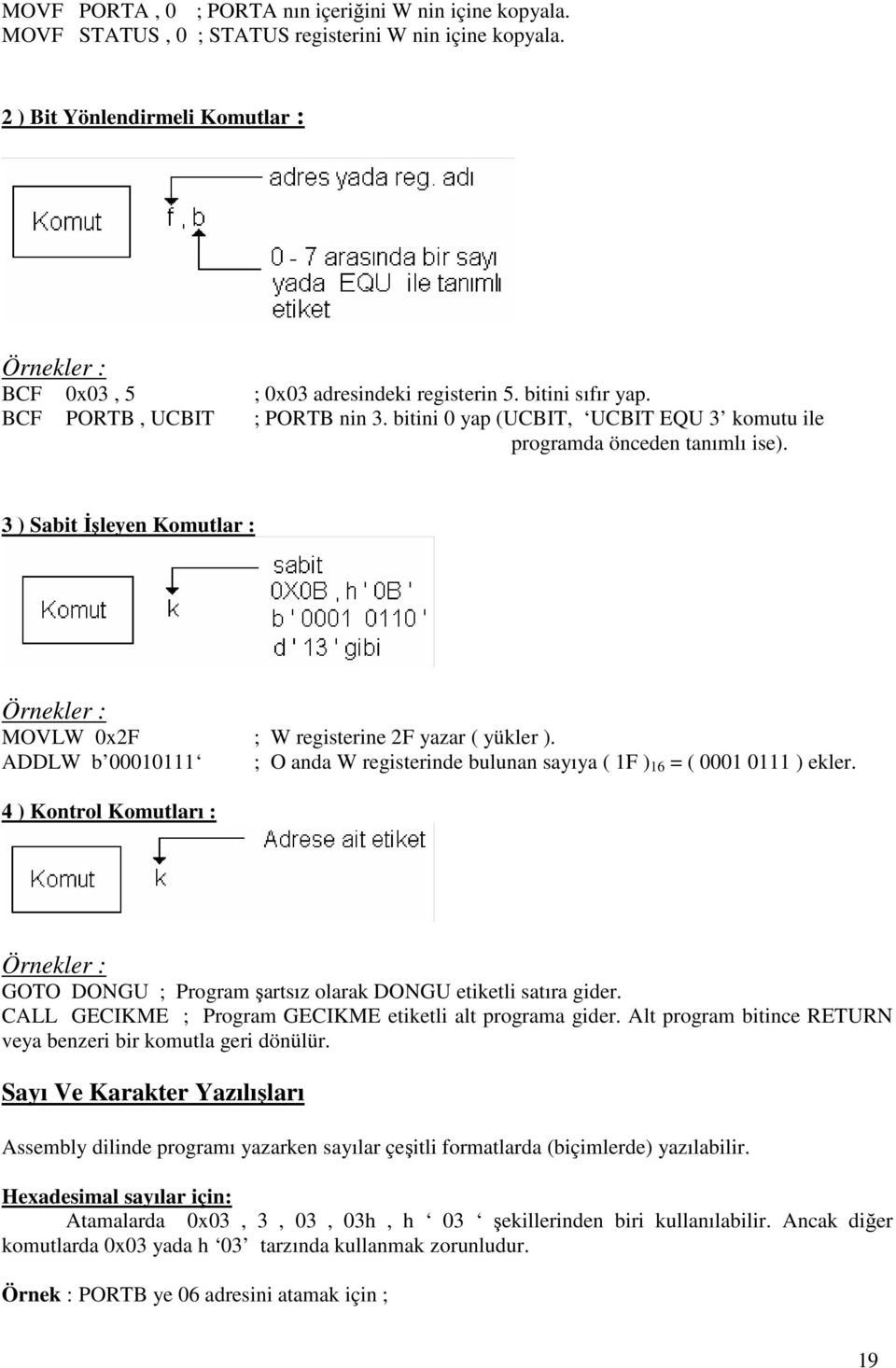 bitini 0 yap (UCBIT, UCBIT EQU 3 komutu ile programda önceden tanımlı ise). 3 ) Sabit İşleyen Komutlar : Örnekler : MOVLW 0x2F ; W registerine 2F yazar ( yükler ).
