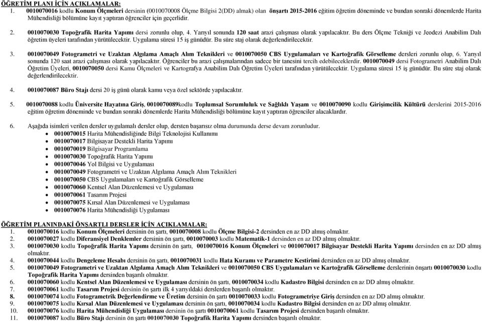 yaptıran öğrenciler için geçerlidir. 2. 0010070030 Topoğrafik Harita Yapımı dersi zorunlu olup, 4. Yarıyıl sonunda 120 saat arazi çalışması olarak yapılacaktır.