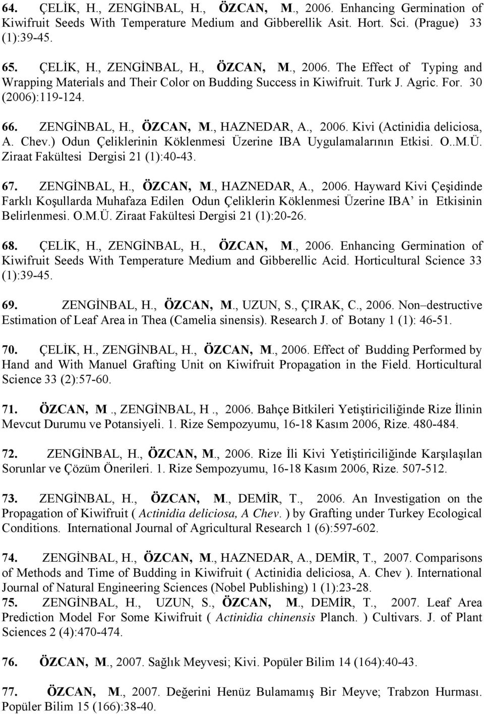 67. ZENGİNBAL, H., ÖZCAN, M., HAZNEDAR, A., 2006. Hayward Kivi Çeşidinde Farklı Koşullarda Muhafaza Edilen Odun Çeliklerin Köklenmesi Üzerine IBA in Etkisinin Belirlenmesi. O.M.Ü. Ziraat Fakültesi Dergisi 21 (1):20-26.