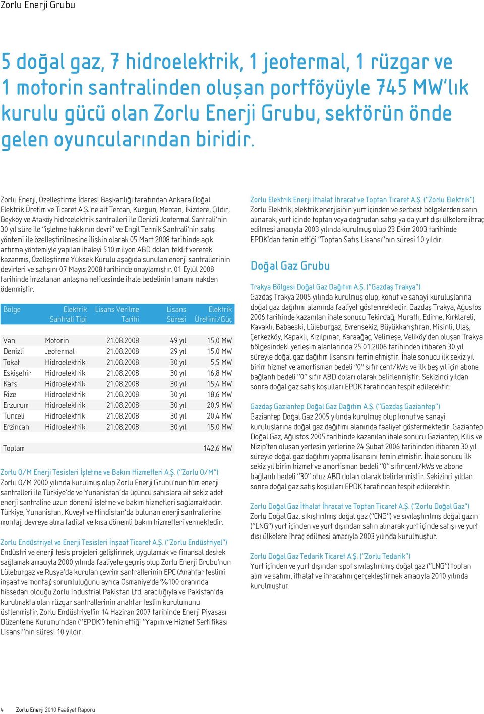 ne ait Tercan, Kuzgun, Mercan, İkizdere, Çıldır, Beyköy ve Ataköy hidroelektrik santralleri ile Denizli Jeotermal Santrali nin 30 yıl süre ile işletme hakkının devri ve Engil Termik Santrali nin