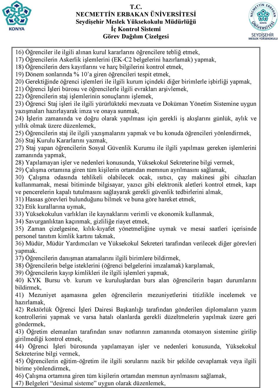 İşleri bürosu ve öğrencilerle ilgili evrakları arşivlemek, 22) Öğrencilerin staj işlemlerinin sonuçlarını işlemek, 23) Öğrenci Staj işleri ile ilgili yürürlükteki mevzuata ve Doküman Yönetim