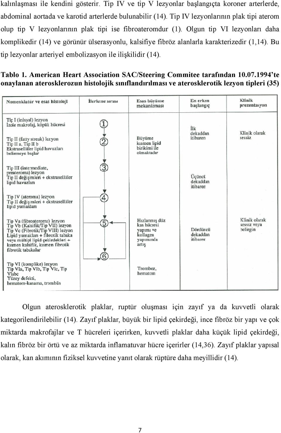 Olgun tip VΙ lezyonları daha komplikedir (14) ve görünür ülserasyonlu, kalsifiye fibröz alanlarla karakterizedir (1,14). Bu tip lezyonlar arteriyel embolizasyon ile ilişkilidir (14). Tablo 1.