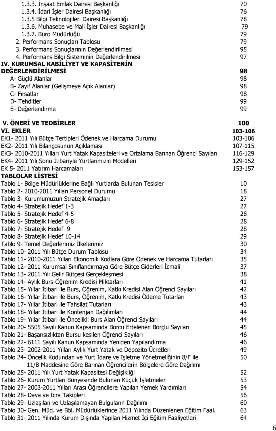 KURUMSAL KABİLİYET VE KAPASİTENİN DEĞERLENDİRİLMESİ 98 A- Güçlü Alanlar 98 B- Zayıf Alanlar (Gelişmeye Açık Alanlar) 98 C- Fırsatlar 98 D- Tehditler 99 E- Değerlendirme 99 V.