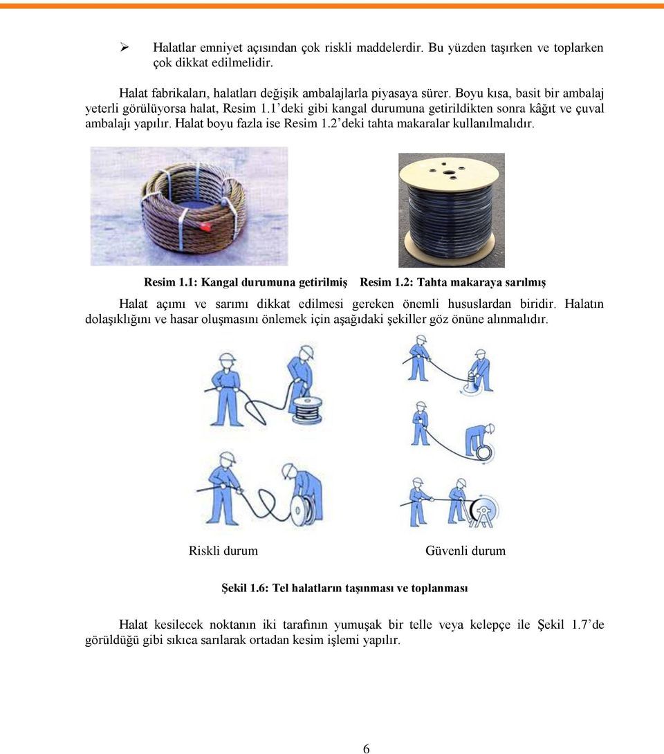 2 deki tahta makaralar kullanılmalıdır. Resim 1.1: Kangal durumuna getirilmiģ Resim 1.2: Tahta makaraya sarılmıģ Halat açımı ve sarımı dikkat edilmesi gereken önemli hususlardan biridir.