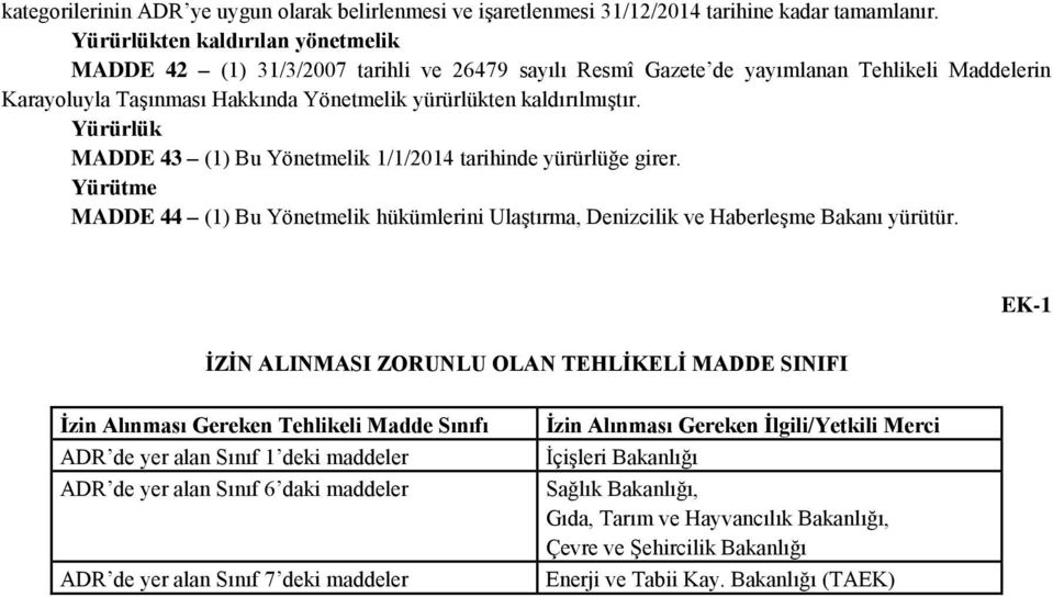 Yürürlük MADDE 43 (1) Bu Yönetmelik 1/1/2014 tarihinde yürürlüğe girer. Yürütme MADDE 44 (1) Bu Yönetmelik hükümlerini Ulaştırma, Denizcilik ve Haberleşme Bakanı yürütür.