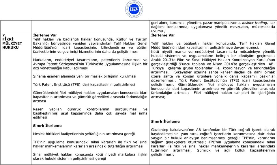 uygulanmasına ilişkin bir dizi yönetmeliğin kabul edilmesi Sinema eserleri alanında yeni bir meslek birliğinin kurulması Türk Patent Enstitüsü (TPE) idari kapasitesinin geliştirilmesi Gümrüklerdeki