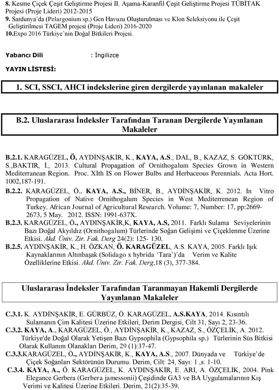 Yabancı Dili : İngilizce YAYIN LİSTESİ: 1. SCI, SSCI, AHCI indekslerine giren dergilerde yayınlanan makaleler B.2. Uluslararası İndeksler Tarafından Taranan Dergilerde Yayınlanan Makaleler B.2.1. KARAGÜZEL, Ö, AYDİNŞAKİR, K.