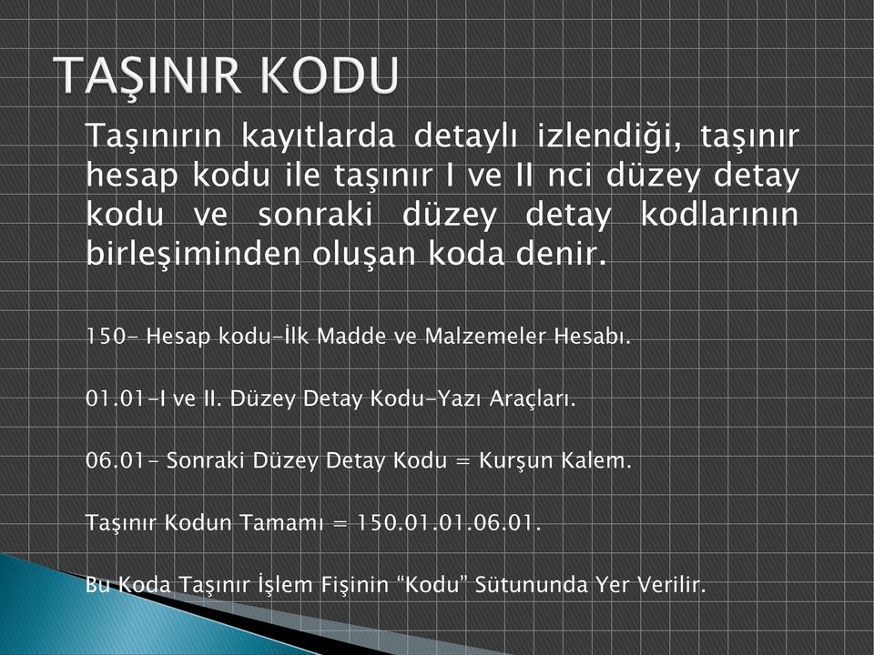 150- Hesap kodu-ilk Madde ve Malzemeler Hesabı. 01.01-I ve II. Düzey Detay Kodu-Yazı Araçları. 06.