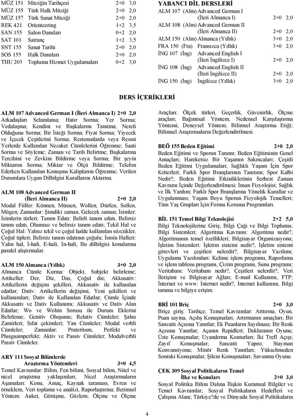 II (İleri Almanca II) 2+0 2,0 ALM 150 (Alm) Almanca (Yıllık) 3+0 2,0 FRA 150 (Fra) Fransızca (Yıllık) 3+0 2,0 İNG 107 (İng) Advanced English I (İleri İngilizce I) 2+0 2,0 İNG 108 (İng) Advanced