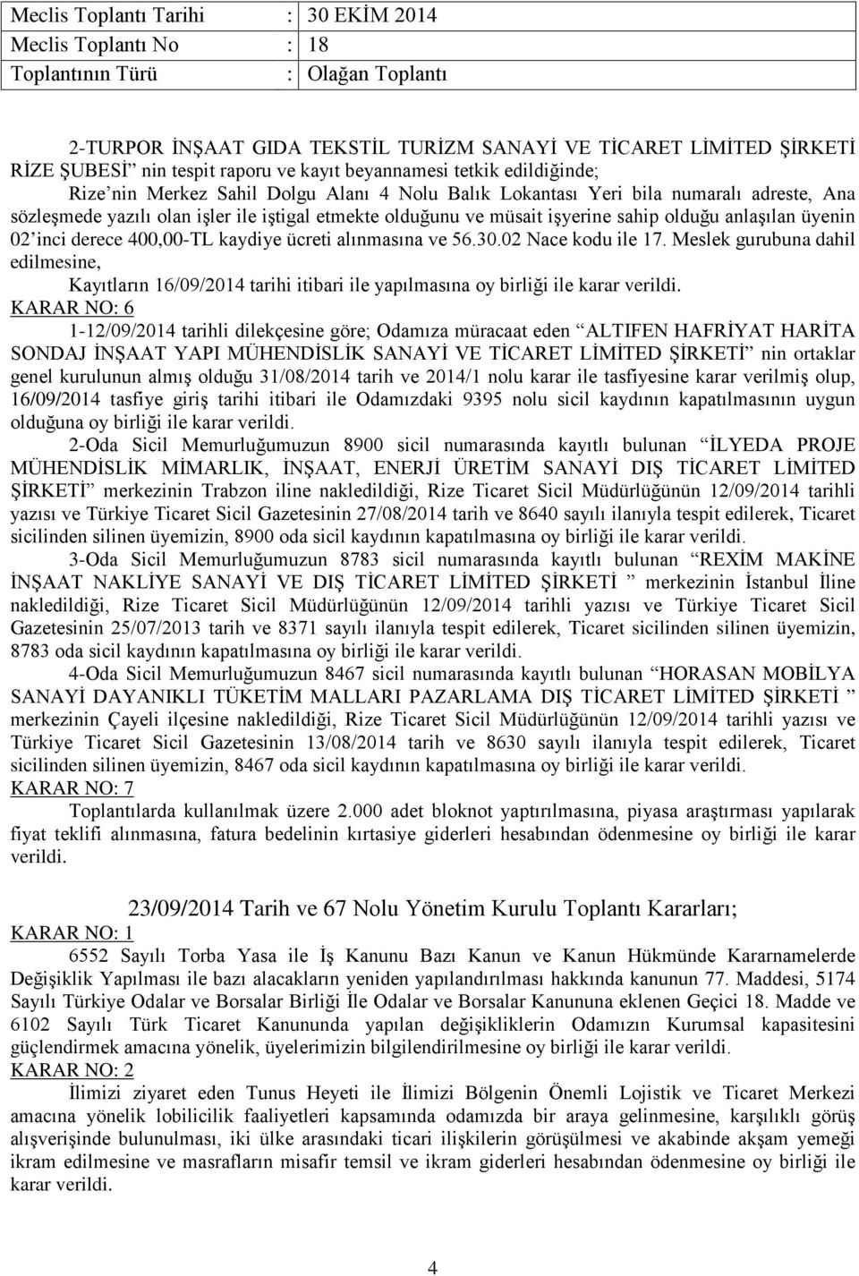 02 Nace kodu ile 17. Meslek gurubuna dahil edilmesine, Kayıtların 16/09/2014 tarihi itibari ile yapılmasına oy birliği ile karar verildi.