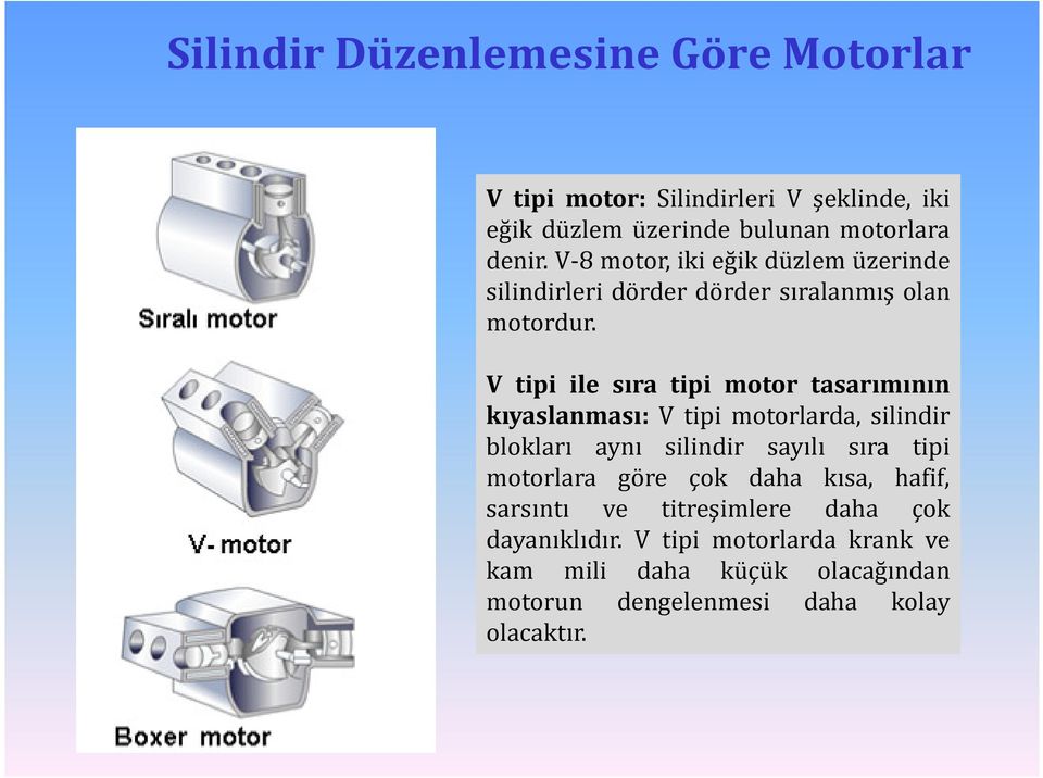 V tipi ile sıra tipi motor tasarımının V tipi ile sıra tipi motor tasarımının ıyaslanması: V tipi motorlarda, silindir bloları aynı