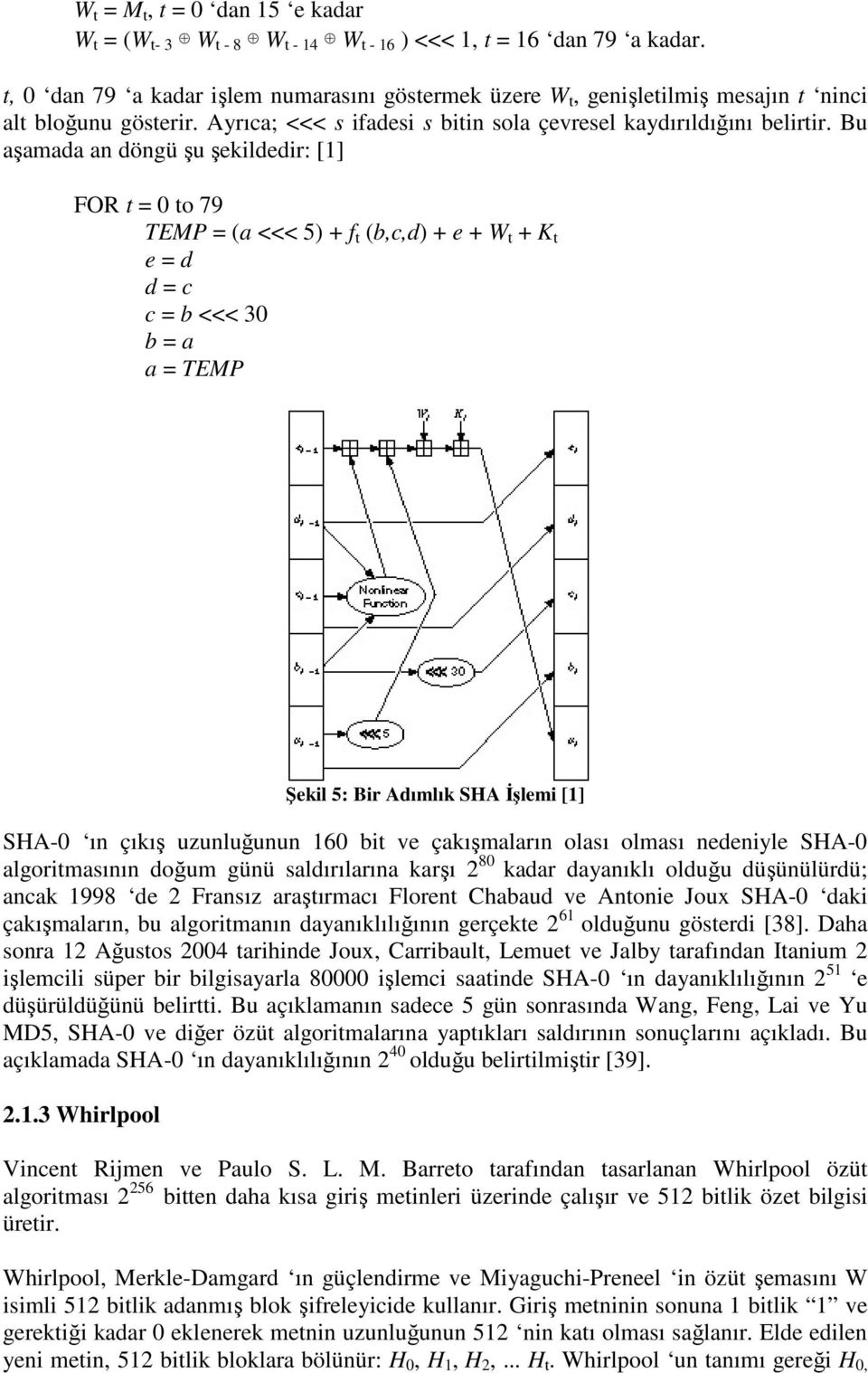 Bu aşamada an döngü şu şekildedir: [1] FOR t = 0 to 79 TEMP = (a <<< 5) + f t (b,c,d) + e + W t + K t e = d d = c c = b <<< 30 b = a a = TEMP Şekil 5: Bir Adımlık SHA Đşlemi [1] SHA-0 ın çıkış