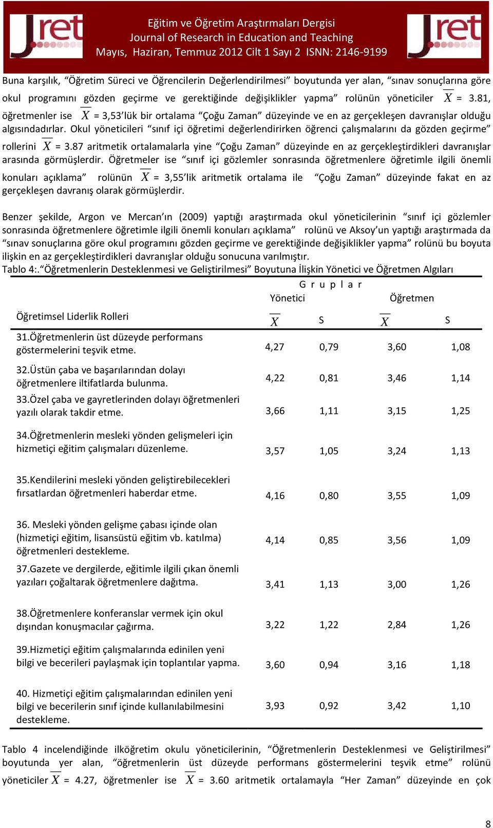 Okul yöneticileri sınıf içi öğretimi değerlendirirken öğrenci çalışmalarını da gözden geçirme rollerini X = 3.