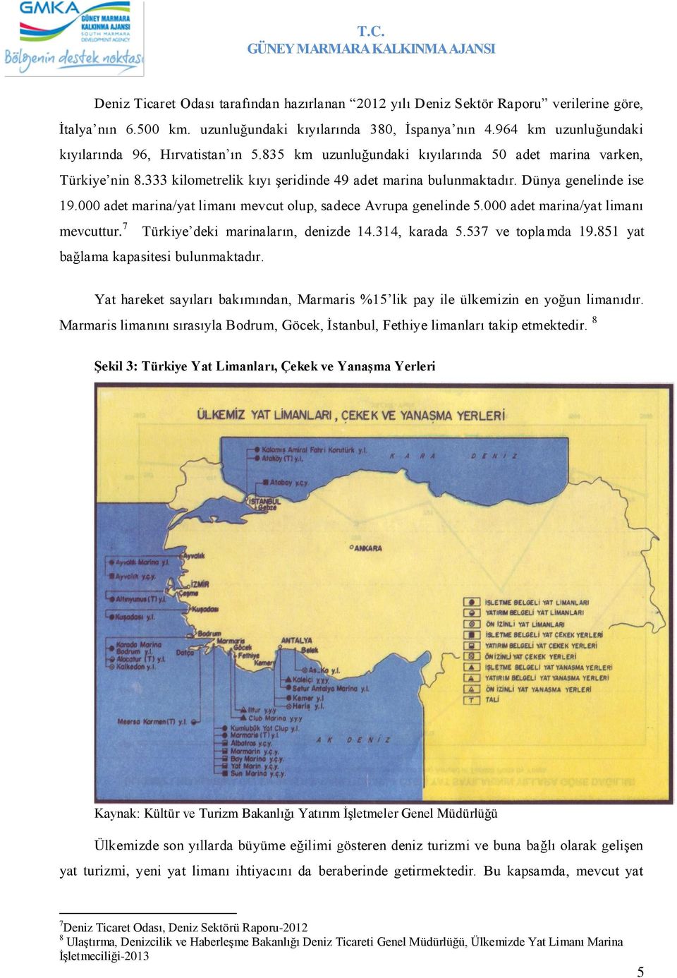 Dünya genelinde ise 19.000 adet marina/yat limanı mevcut olup, sadece Avrupa genelinde 5.000 adet marina/yat limanı mevcuttur. 7 Türkiye deki marinaların, denizde 14.314, karada 5.537 ve toplamda 19.