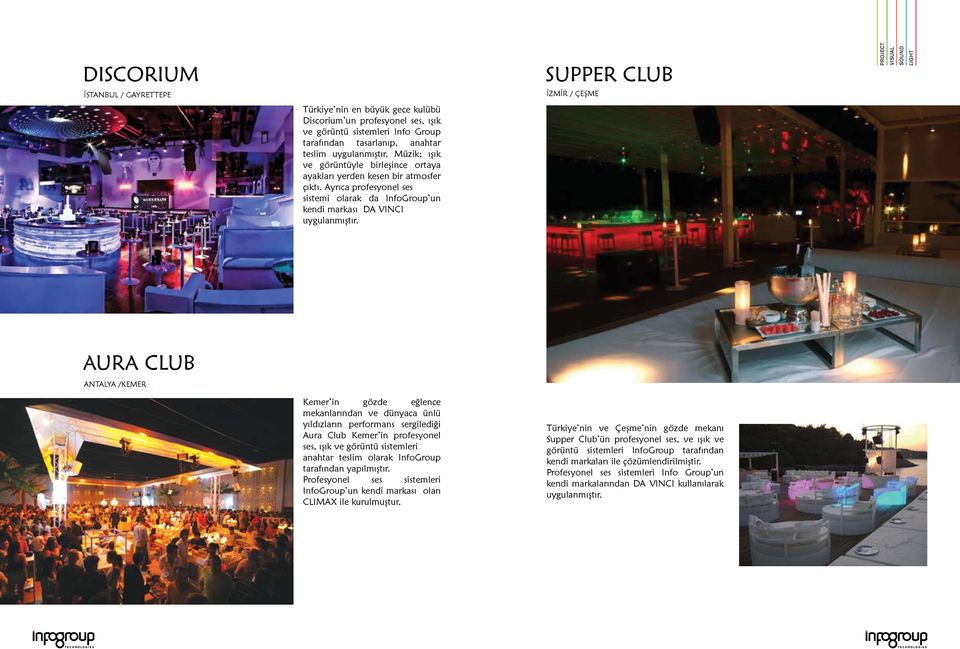 SUPPER CLUB İZMİR / ÇEŞME AURA CLUB ANTALYA /KEMER Kemer in gözde eğlence mekanlarından ve dünyaca ünlü yıldızların performans sergilediği Aura Club Kemer in profesyonel ses, ışık ve görüntü