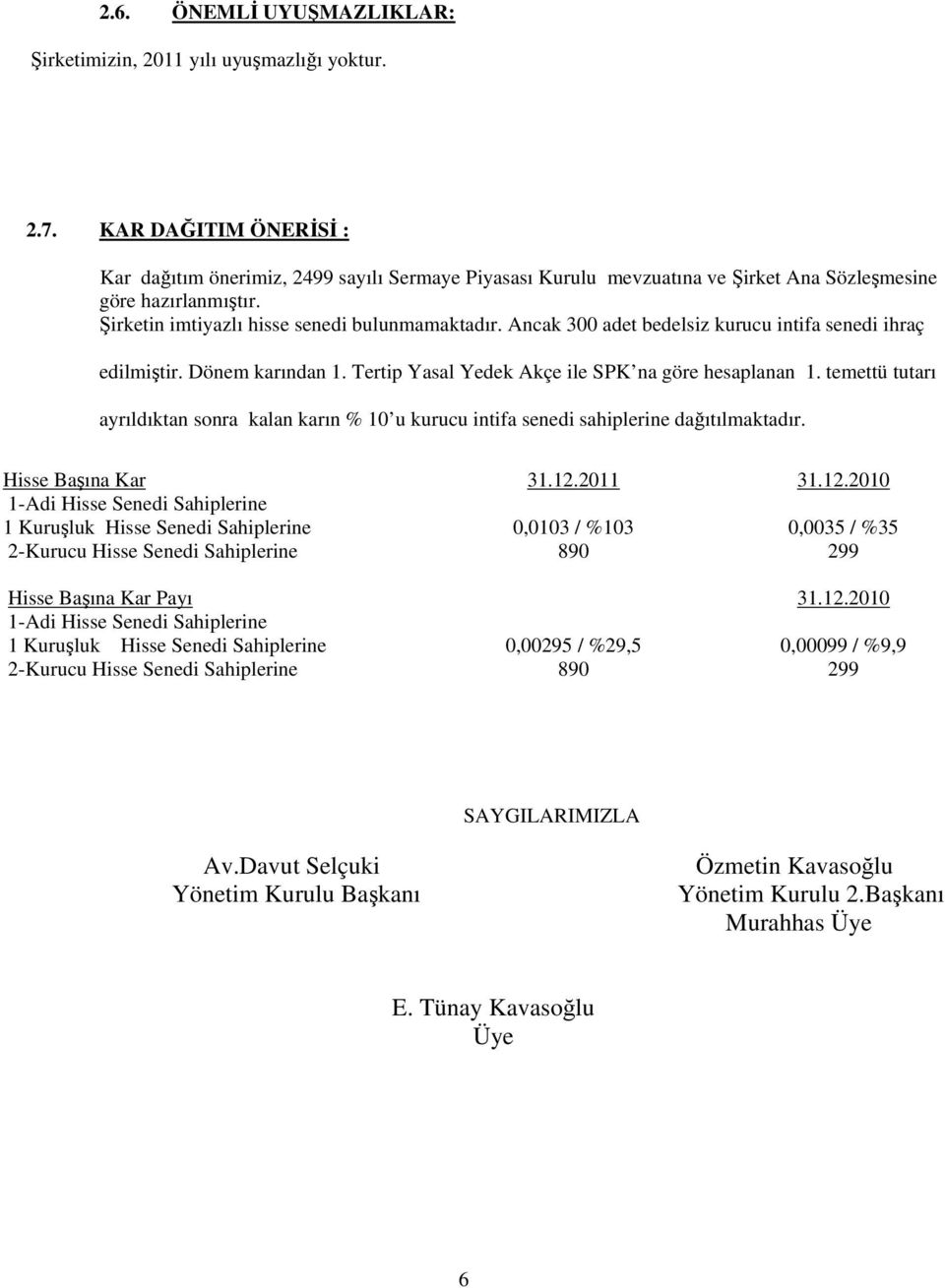 Ancak 300 adet bedelsiz kurucu intifa senedi ihraç edilmiştir. Dönem karından 1. Tertip Yasal Yedek Akçe ile SPK na göre hesaplanan 1.