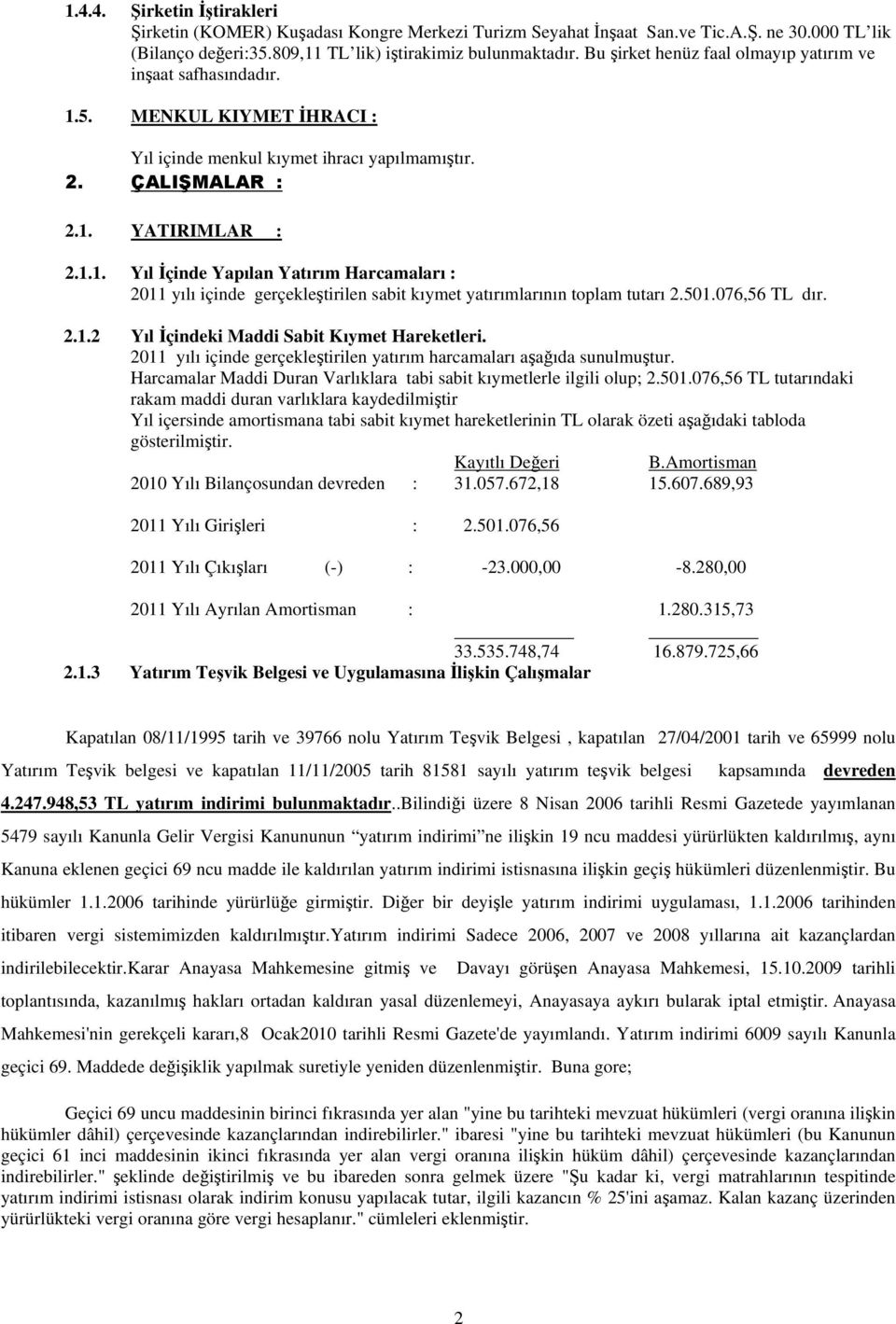 501.076,56 TL dır. 2.1.2 Yıl İçindeki Maddi Sabit Kıymet Hareketleri. 2011 yılı içinde gerçekleştirilen yatırım harcamaları aşağıda sunulmuştur.