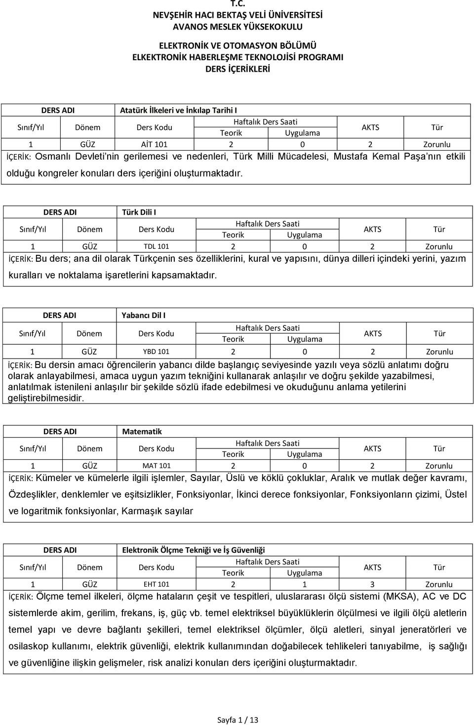 k Dili I 1 GÜZ TDL 101 2 0 2 Zorunlu İÇERİK: Bu ders; ana dil olarak kçenin ses özelliklerini, kural ve yapısını, dünya dilleri içindeki yerini, yazım kuralları ve noktalama işaretlerini