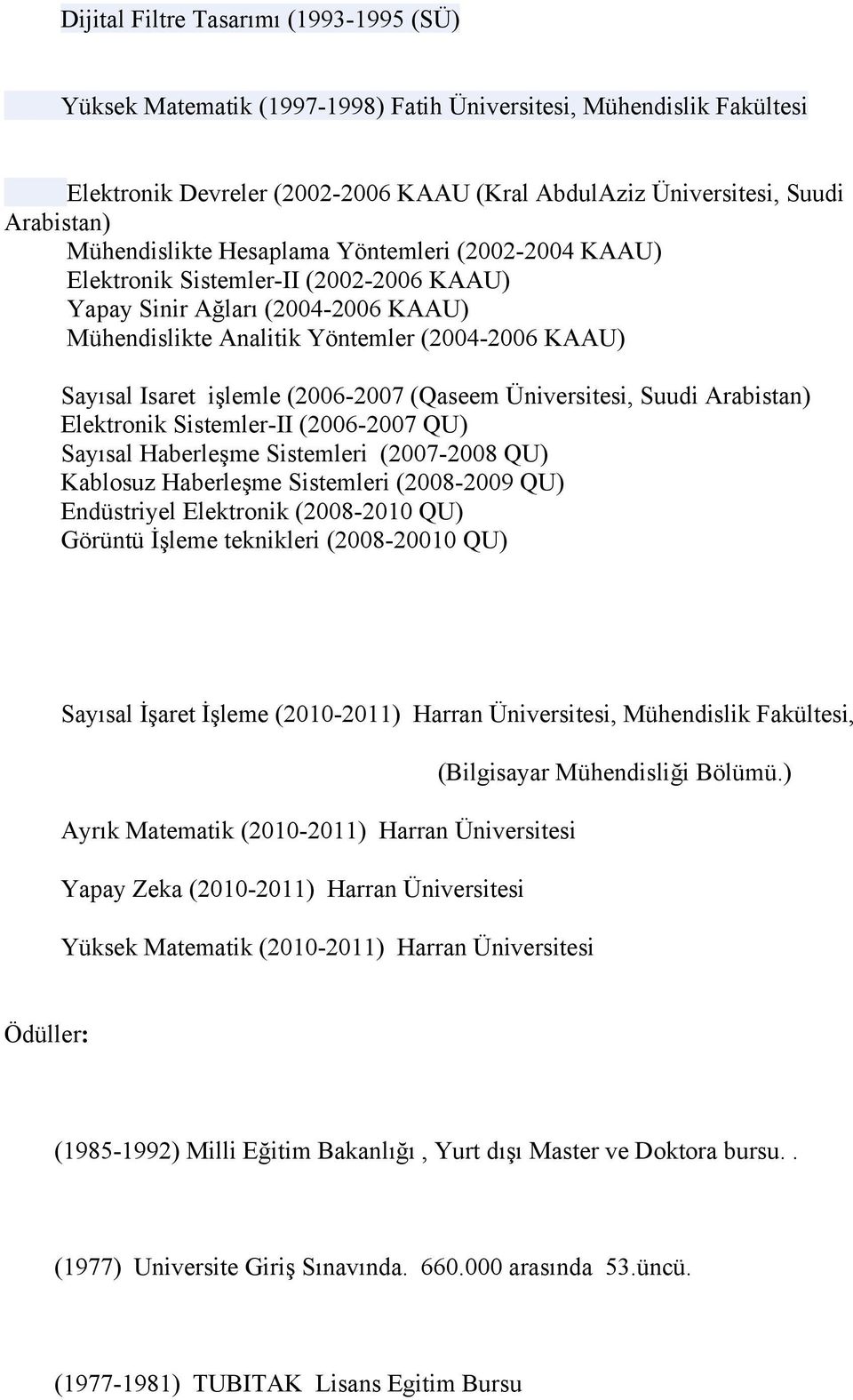 işlemle (2006-2007 (Qaseem Üniversitesi, Suudi Arabistan) Elektronik Sistemler-II (2006-2007 QU) Sayısal Haberleşme Sistemleri (2007-2008 QU) Kablosuz Haberleşme Sistemleri (2008-2009 QU) Endüstriyel